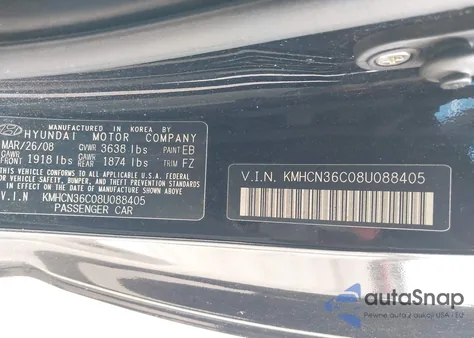 2008 Hyundai Accent Se из США, поврежденный, VIN KMHCN36C08U088405